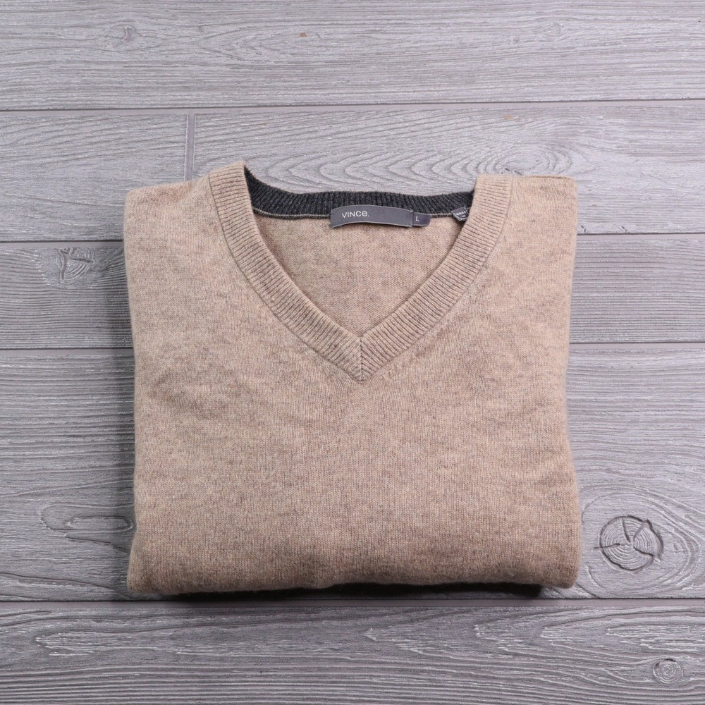 Vince V-Neck Men's Large Tan Heather Wool Blend Knit Sweater